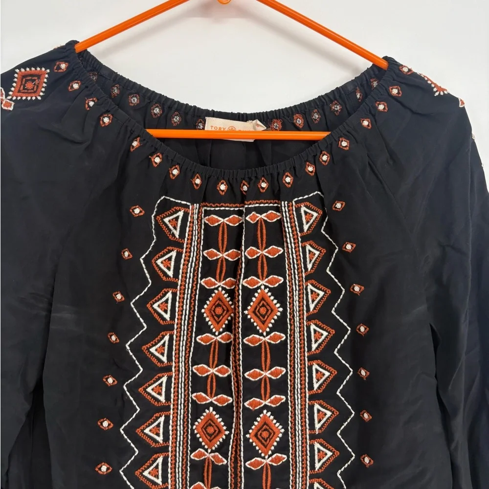 Tory Burch Jessie Black Silk Blouse with Orange Embroidery